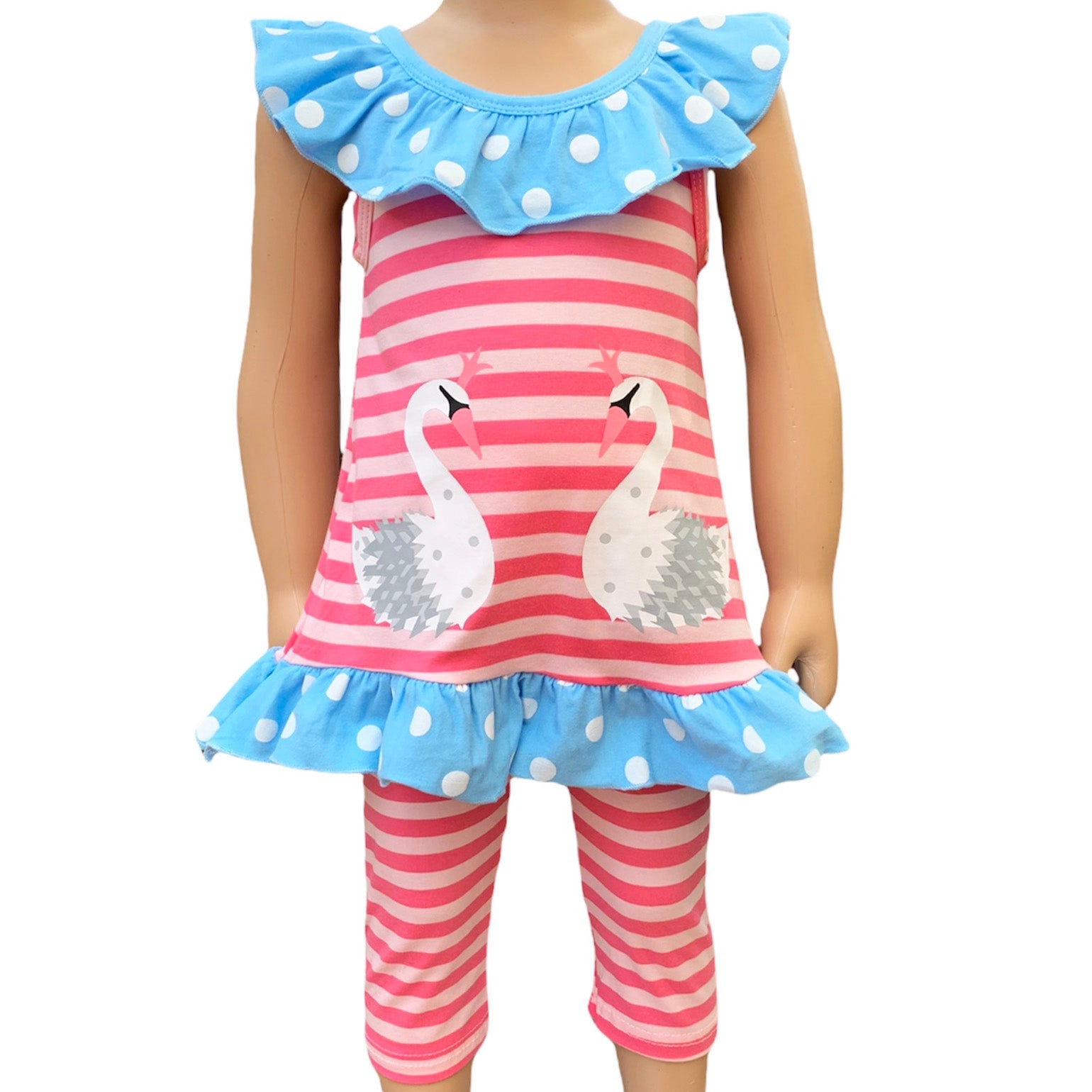 Girls Pink Swan Princess Striped Tunic and Capri Leggings Outfit - Horizon Bliss