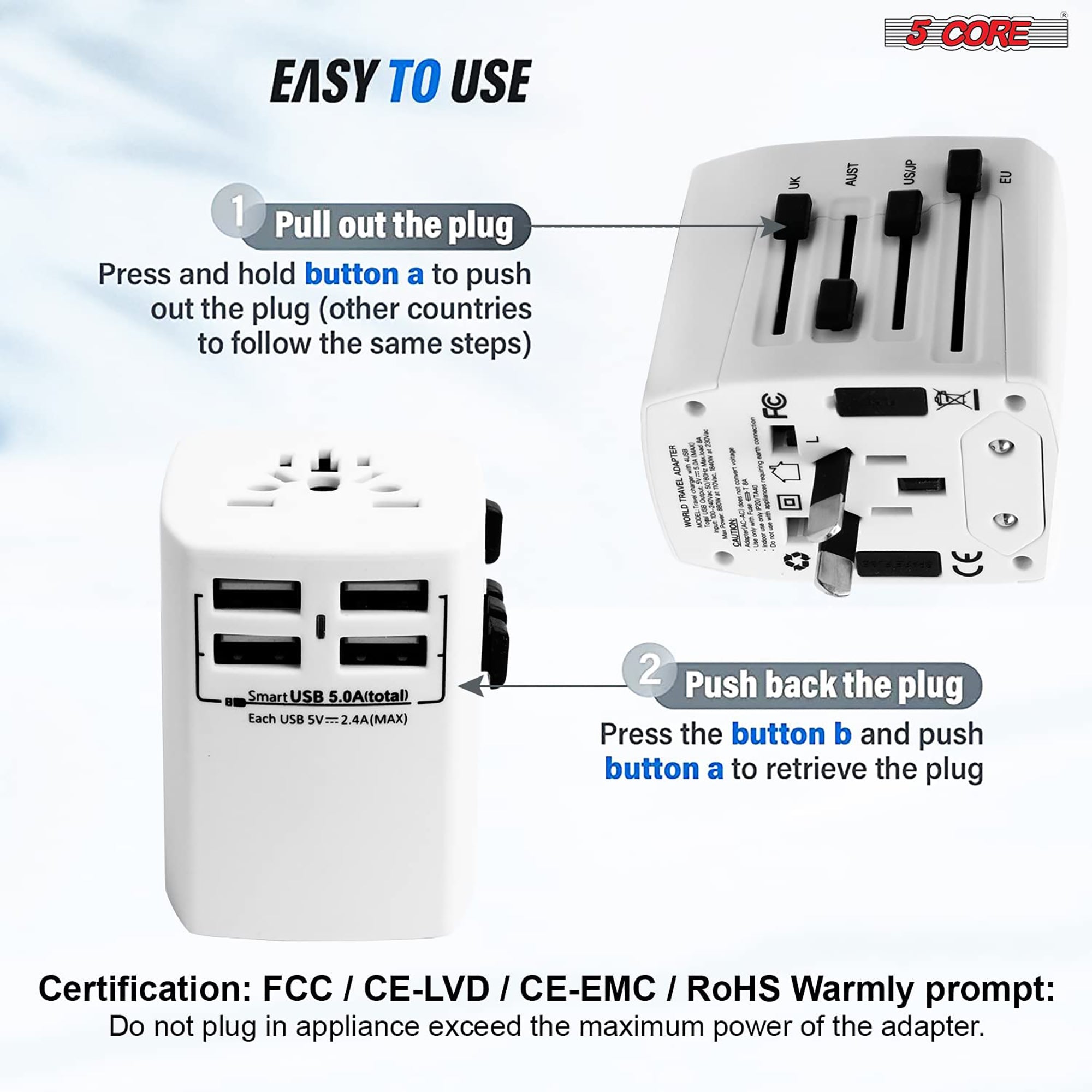 5Core Univedrsal Travel Adapter International Power Adapters 3 Pack