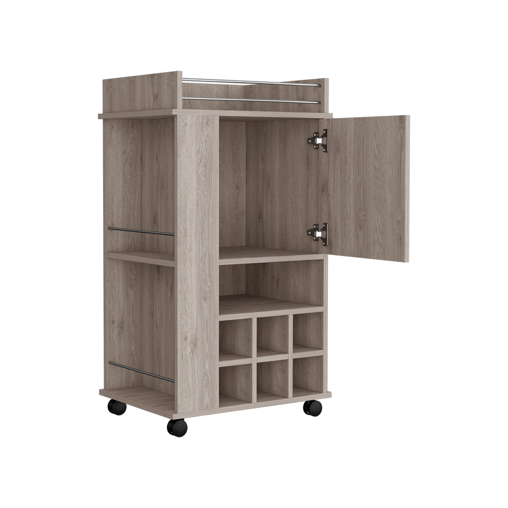 Bar Cart with Casters Reese, Six Wine Cubbies and Single Door, Light - Horizon Bliss