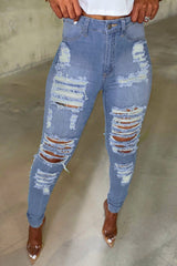 Light Blue Cut Out Distressed Ripped Pockets High Waisted Jeans - Horizon Bliss