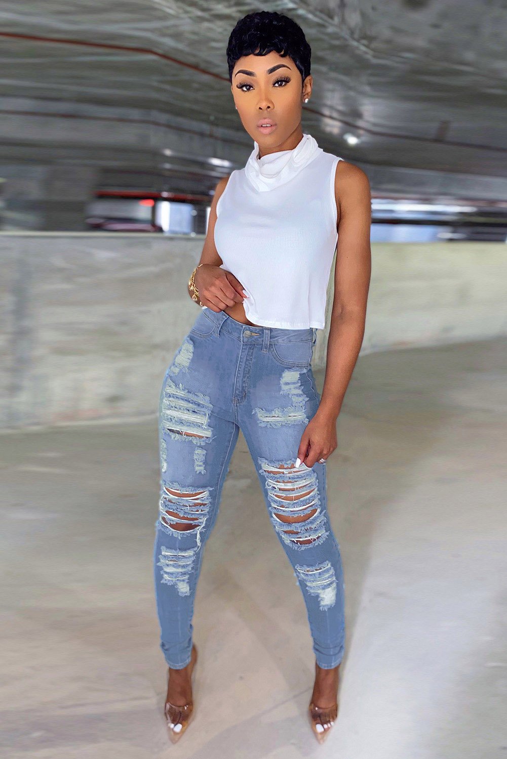 Light Blue Cut Out Distressed Ripped Pockets High Waisted Jeans - Horizon Bliss