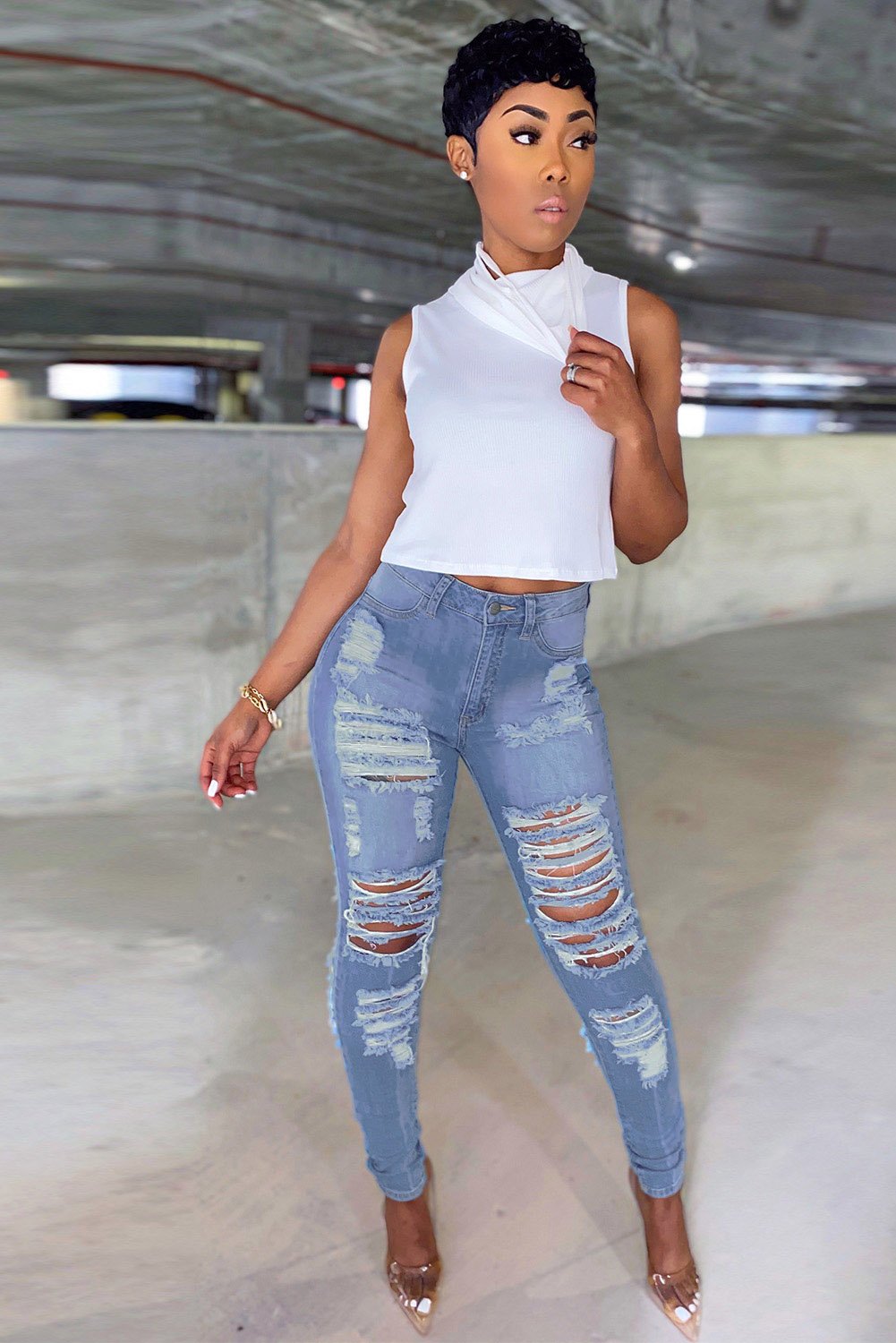 Light Blue Cut Out Distressed Ripped Pockets High Waisted Jeans - Horizon Bliss