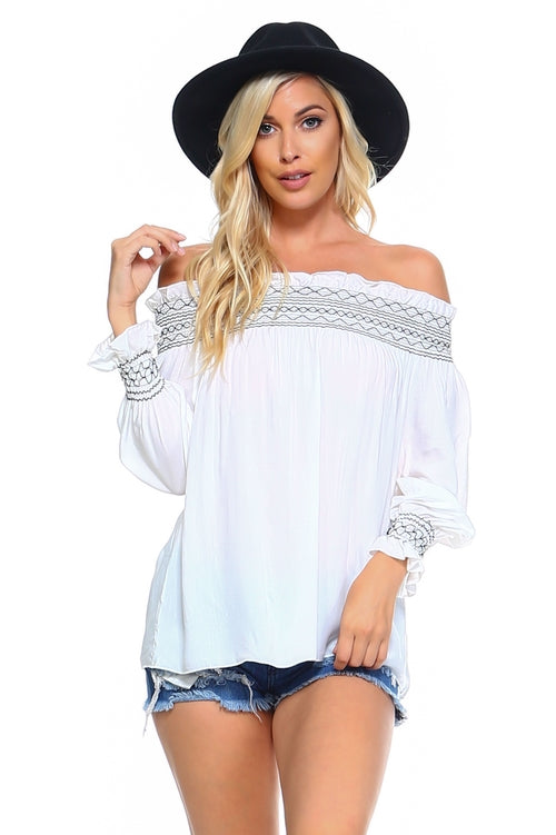 Women's Off Shoulder Stripe Smocked Elastic Top - Horizon Bliss