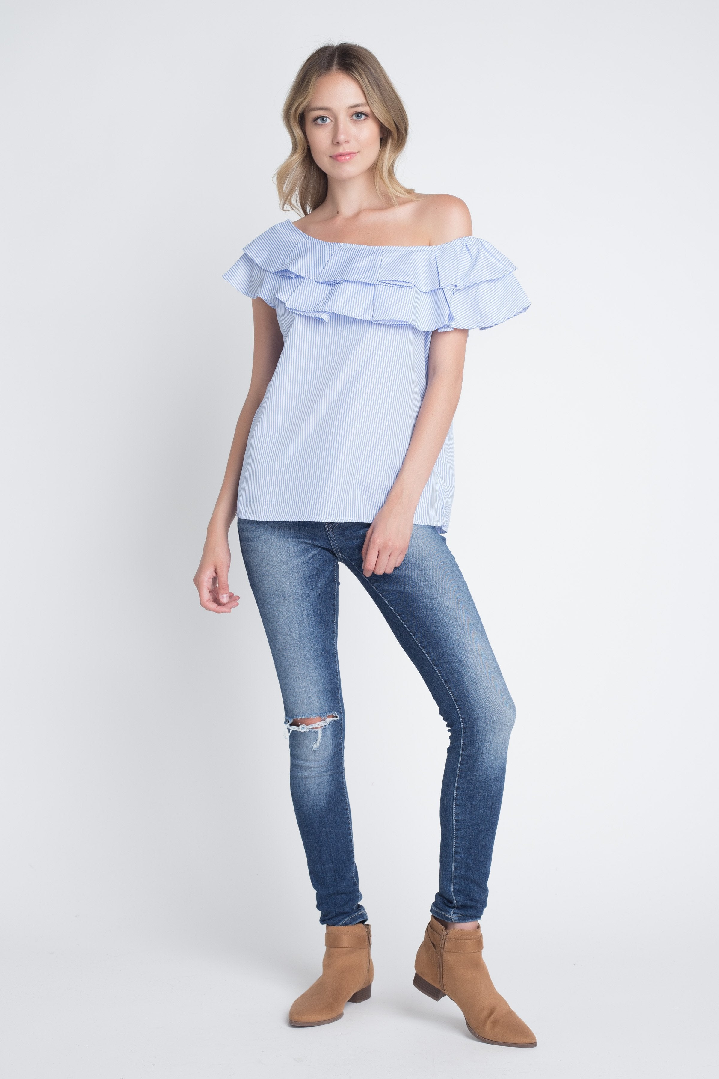 Women's Striped Off Shoulder Ruffle Stripe Blouse - Horizon Bliss