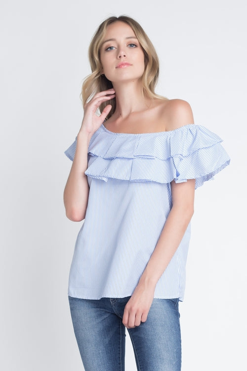 Women's Striped Off Shoulder Ruffle Stripe Blouse - Horizon Bliss