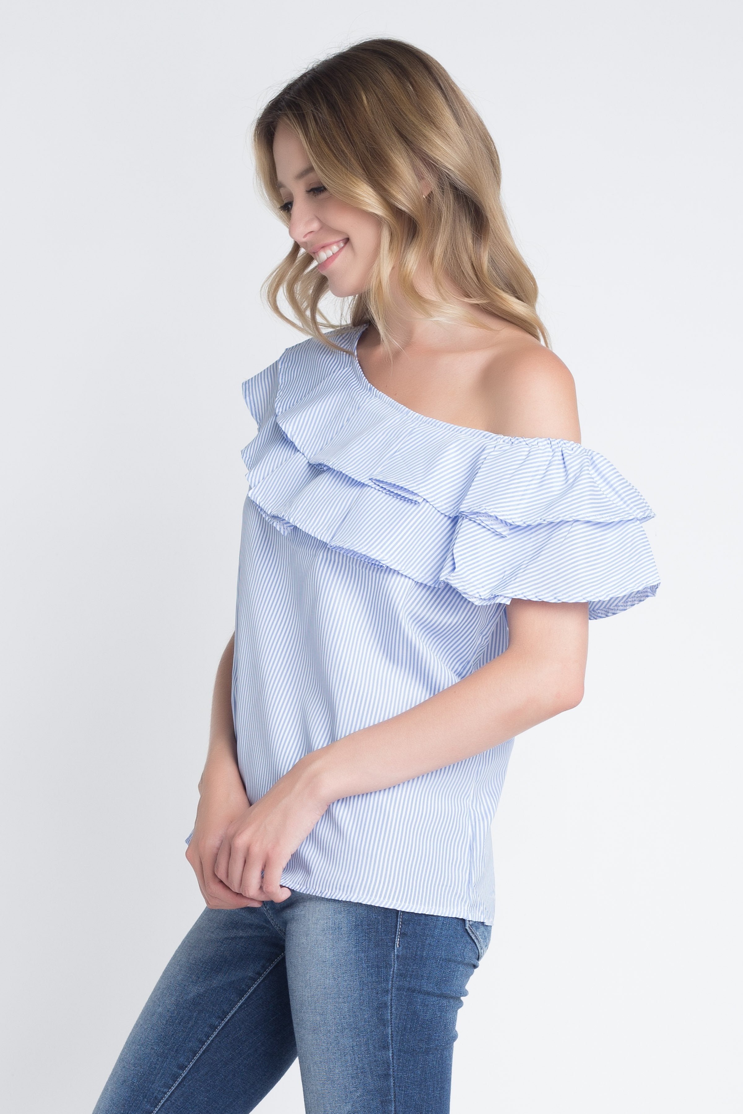 Women's Striped Off Shoulder Ruffle Stripe Blouse - Horizon Bliss