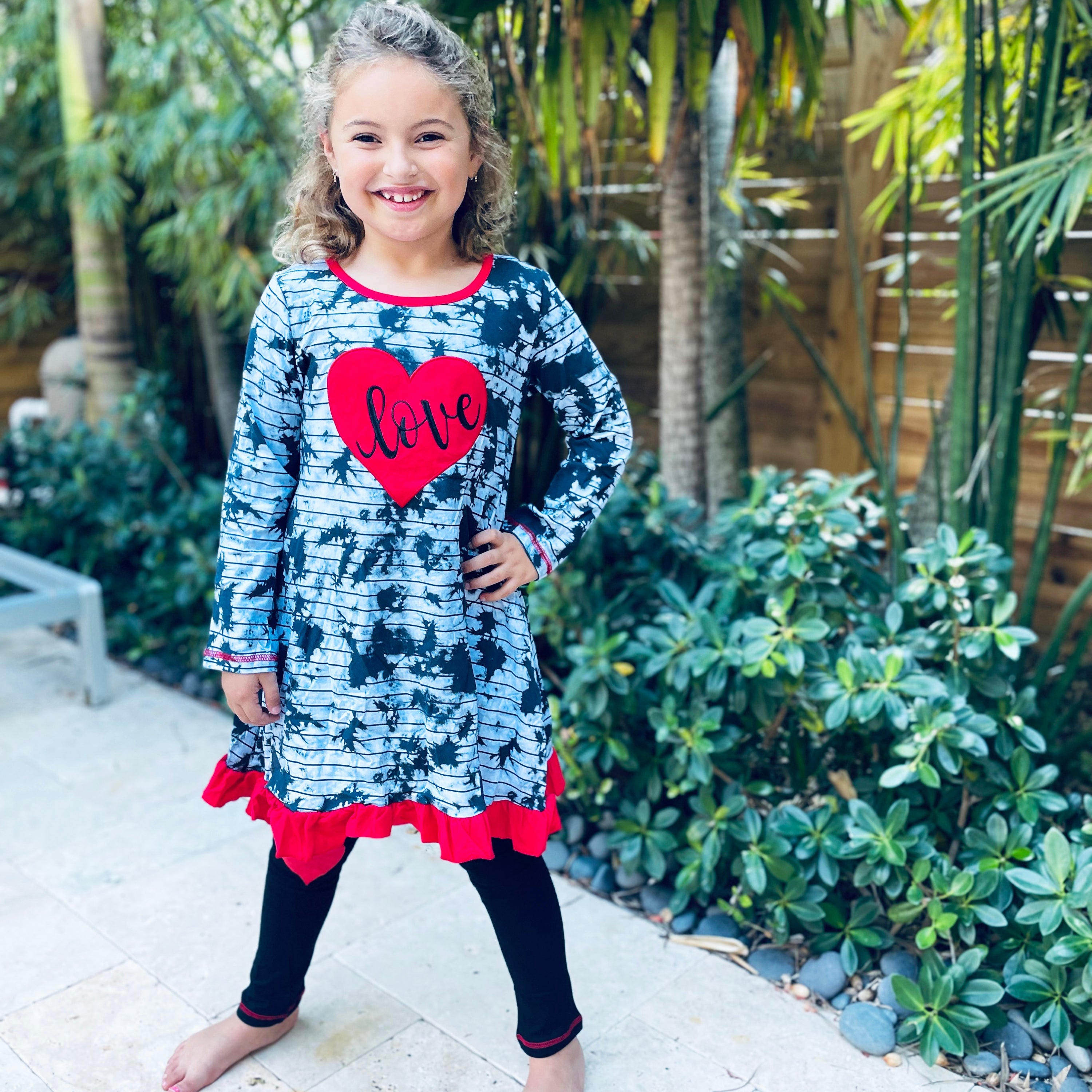 AnnLoren Girls Valentine's Day Heart Tie Dye Outfit Dress and Black - Horizon Bliss