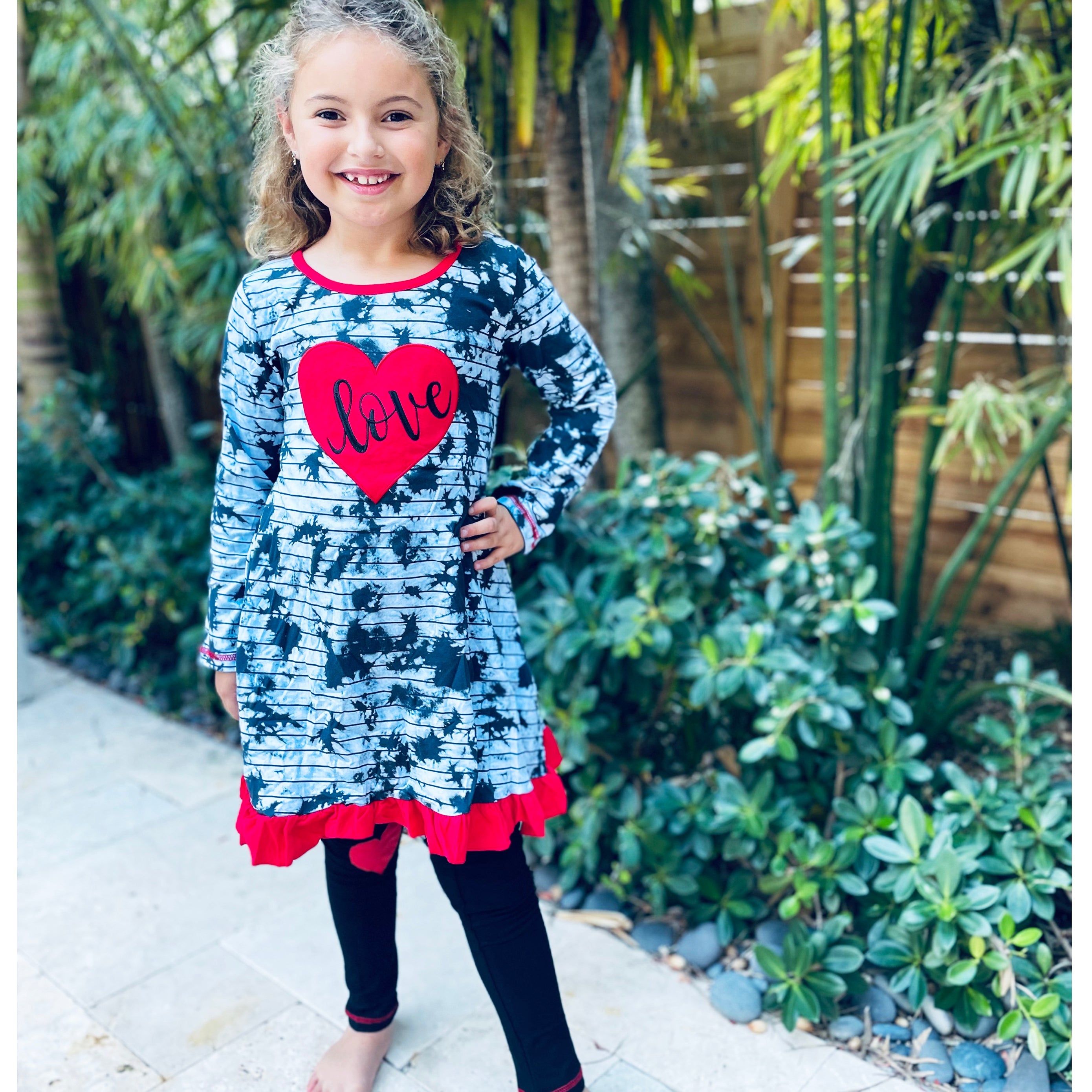 AnnLoren Girls Valentine's Day Heart Tie Dye Outfit Dress and Black - Horizon Bliss