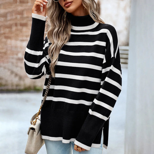 MSFILIA Fashion Striped High Neck Knitted Sweater Women's Autumn - Horizon Bliss