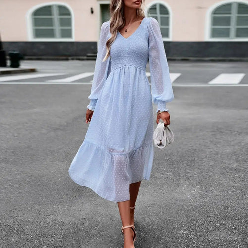 Women Spring Autumn V Neck Long Sleeve Solid Color A Line Dress For - Horizon Bliss