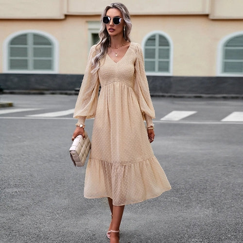 Women Spring Autumn V Neck Long Sleeve Solid Color A Line Dress For - Horizon Bliss