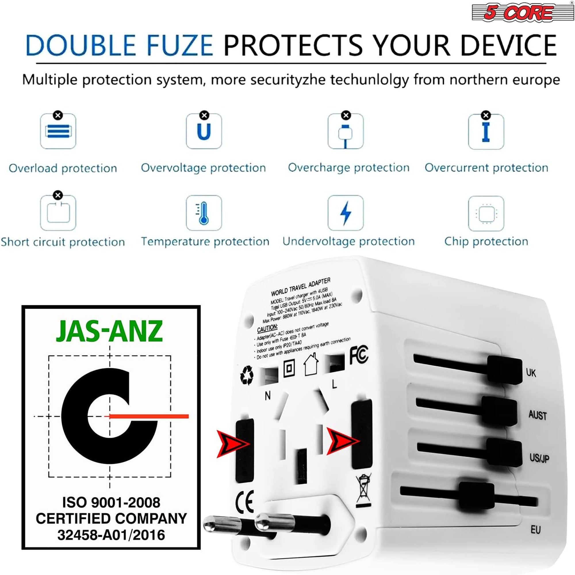 5Core Univedrsal Travel Adapter International Power Adapters 3 Pack