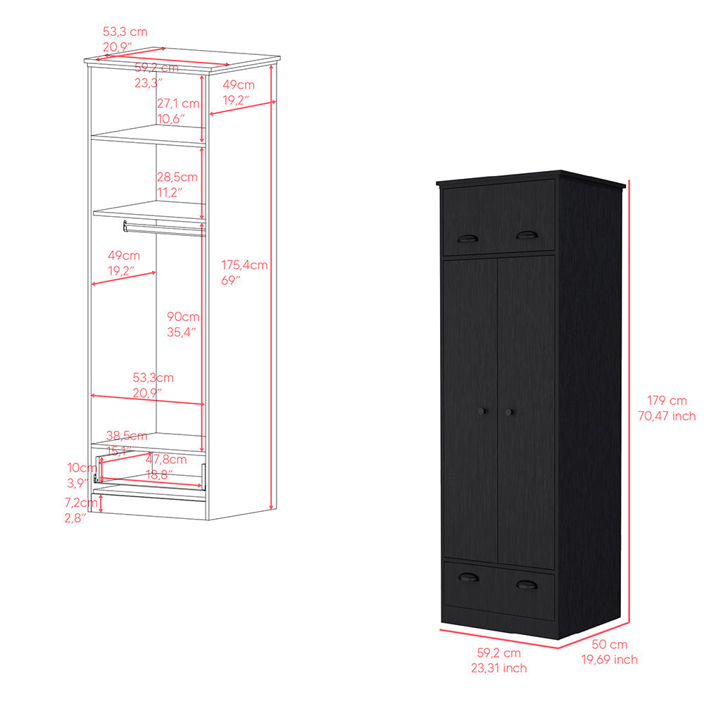 Armoire with Two-Doors Dumas, Top Hinged Drawer and 1-Drawer, Black - Horizon Bliss