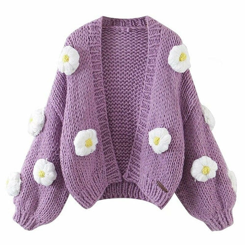 Purple Puffs Cardigan Flowear Knitting Sweater Cardigan - Horizon Bliss