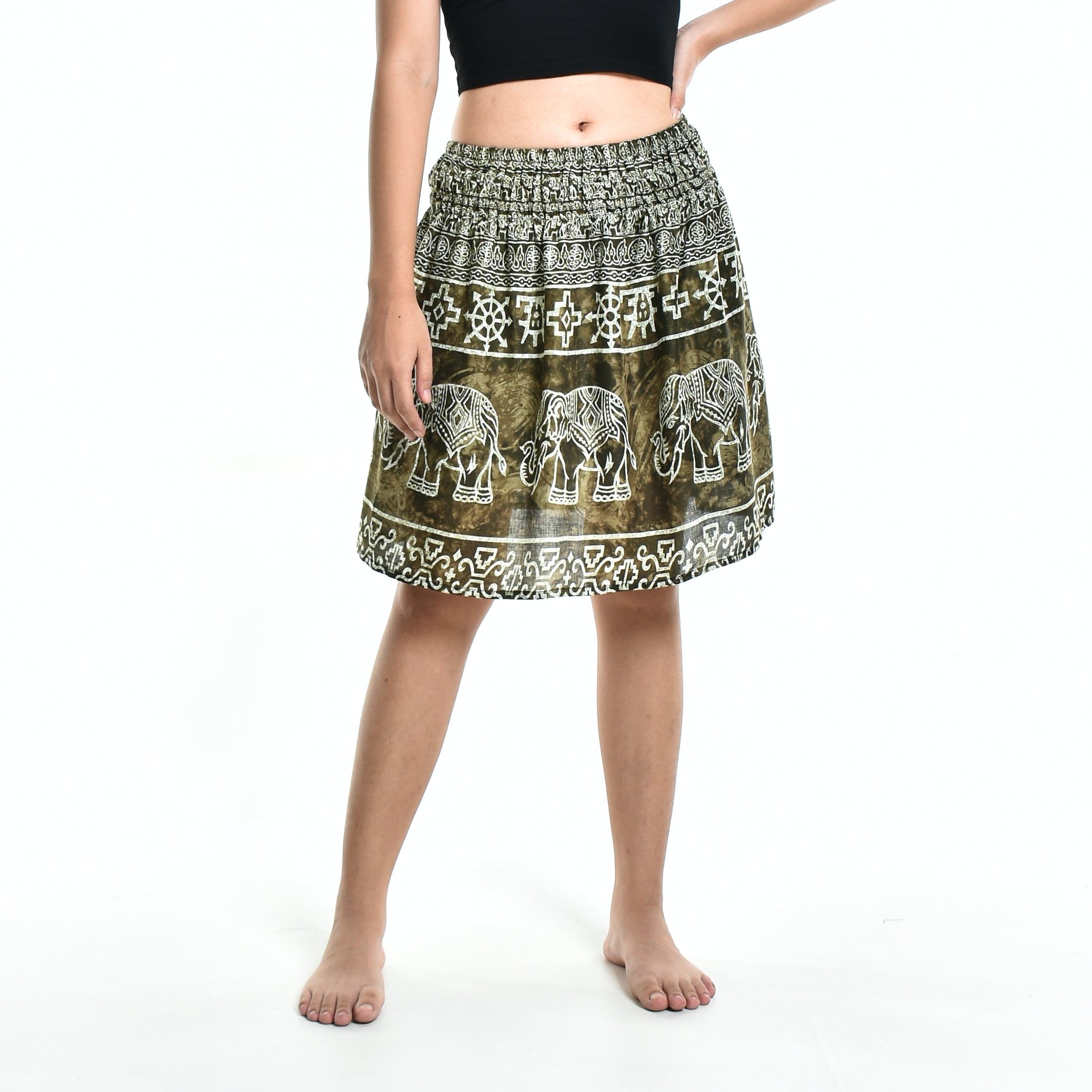 Bohotusk Olive Green Amboseli Elephant Print Short Skirt SM to LXL - Horizon Bliss