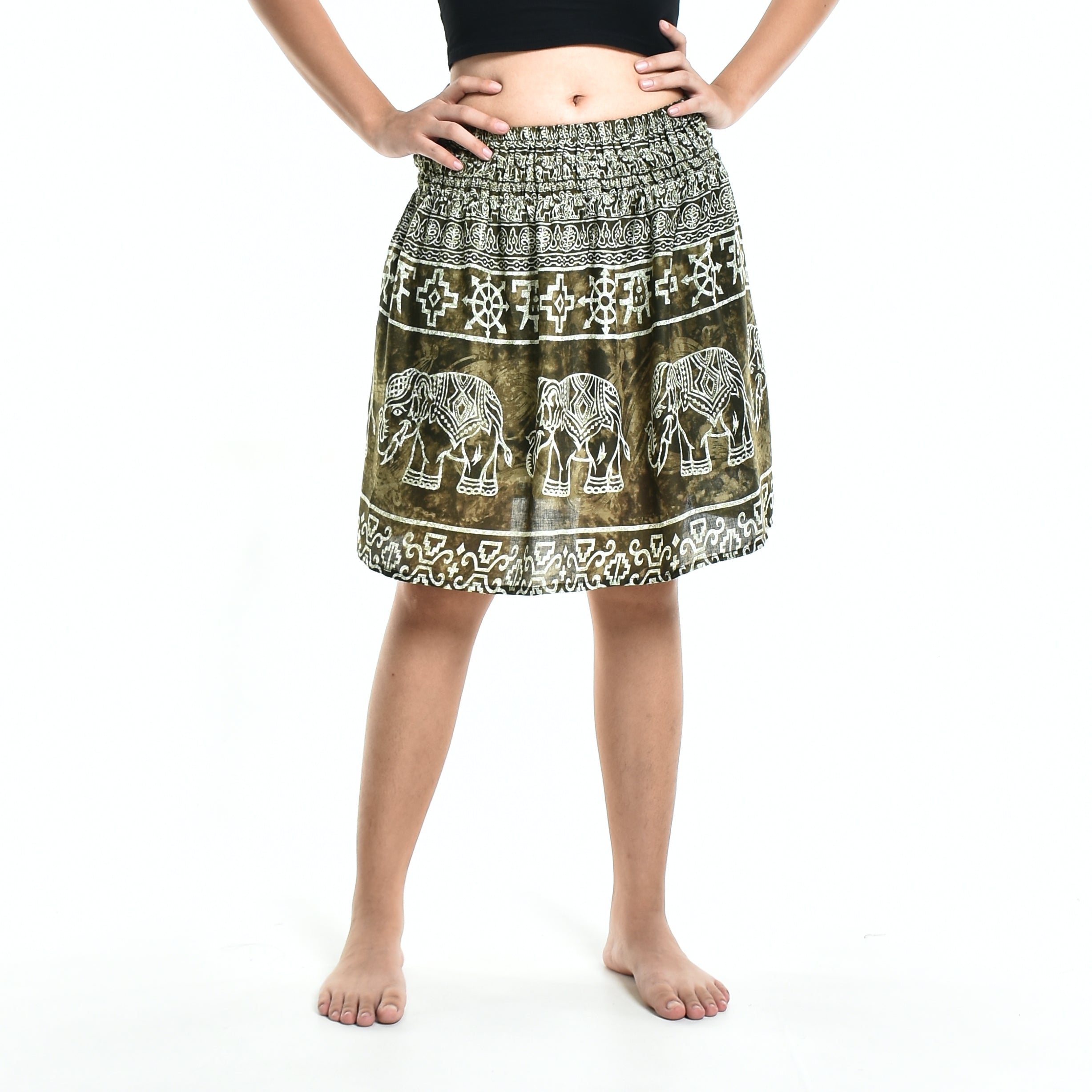 Bohotusk Olive Green Amboseli Elephant Print Short Skirt SM to LXL - Horizon Bliss