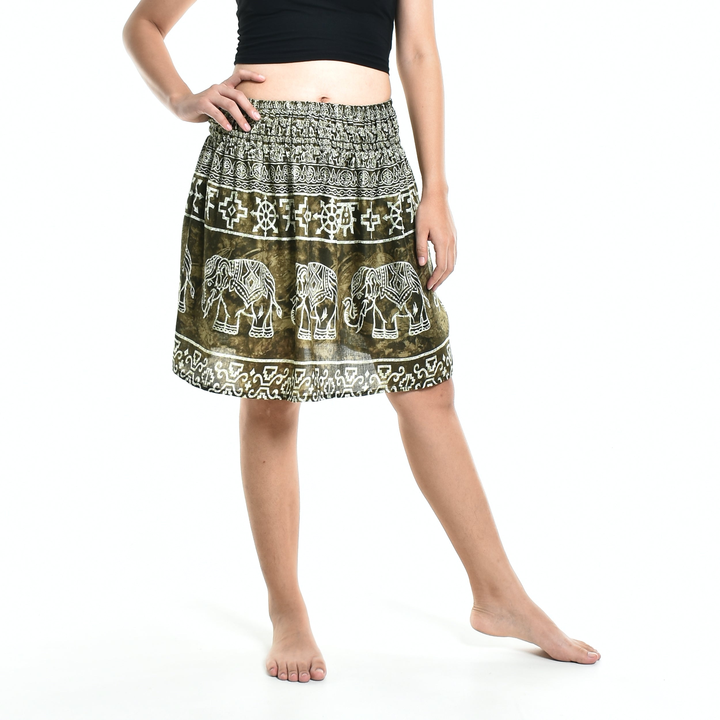 Bohotusk Olive Green Amboseli Elephant Print Short Skirt SM to LXL - Horizon Bliss