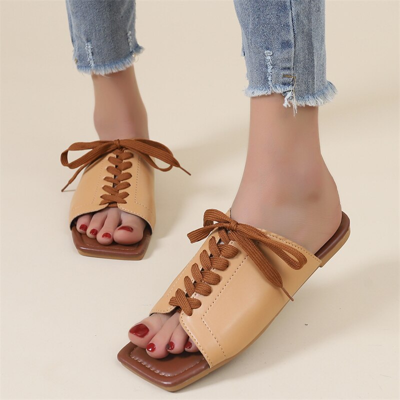 Women Slippers Summer Bandage Peep Toe PU Flat Shoes - Horizon Bliss