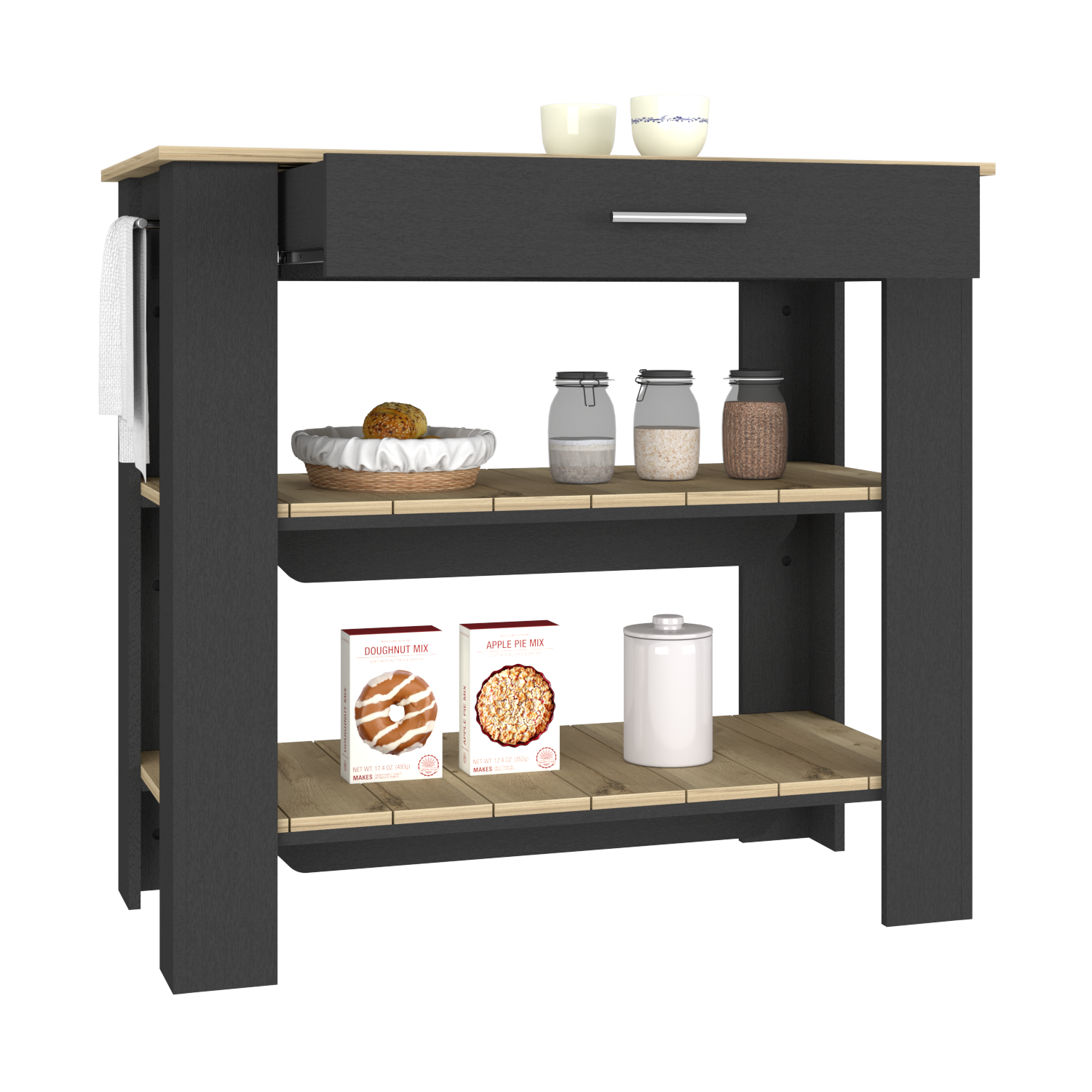 Kitchen Island 40 Inches Dozza, Two Shelves, Black Wengue / Light Oak - Horizon Bliss