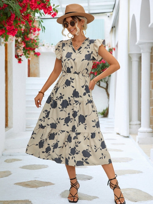 Floral Print Flounce Sleeve Dress - Horizon Bliss