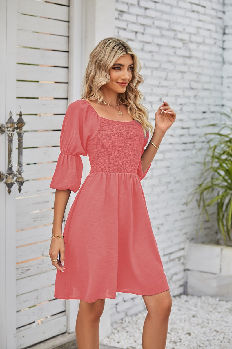 Square Neckline Puff Sleeve Backless Dress for Women. - Horizon Bliss