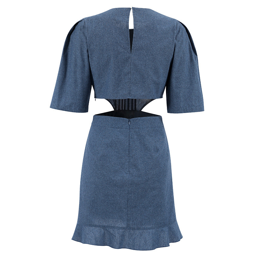 2023 Woman Chic Elegant Waist Cut Out Mini Denim Dress Vintage Casual - Horizon Bliss