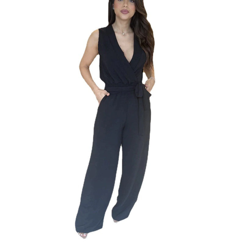 V-Neck Sleeveless Tie Waist High Waist Wide Leg Jumpsuit - Horizon Bliss