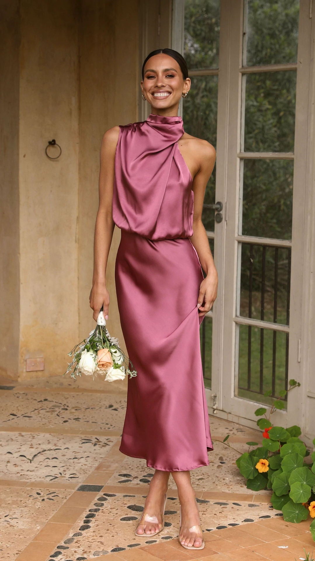 Sleeveless Satin Halterneck Solid Color Women's Dress - Horizon Bliss