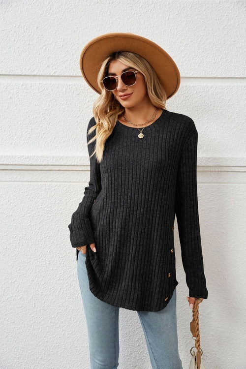 Loose-Fit Long Sleeve Button T-Shirt for Women with Round Neck - Horizon Bliss