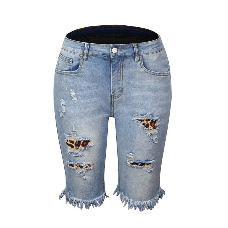 Fringed High Elasticity Mid-Waist Cropped Jeans with Ripped Holes - Horizon Bliss