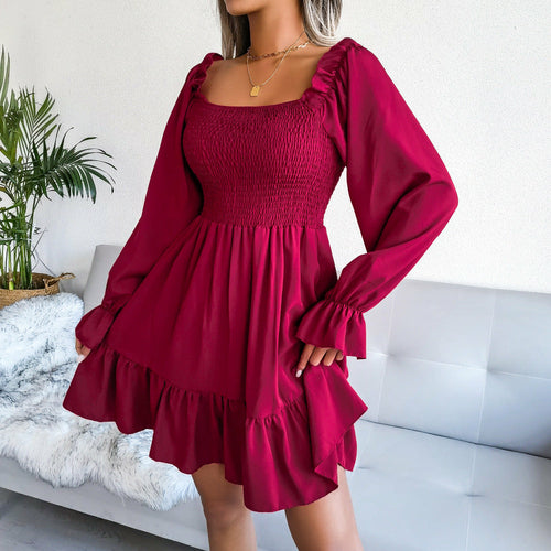 Square Collar Flared Long Sleeve Ruffled Swing Dress - Horizon Bliss