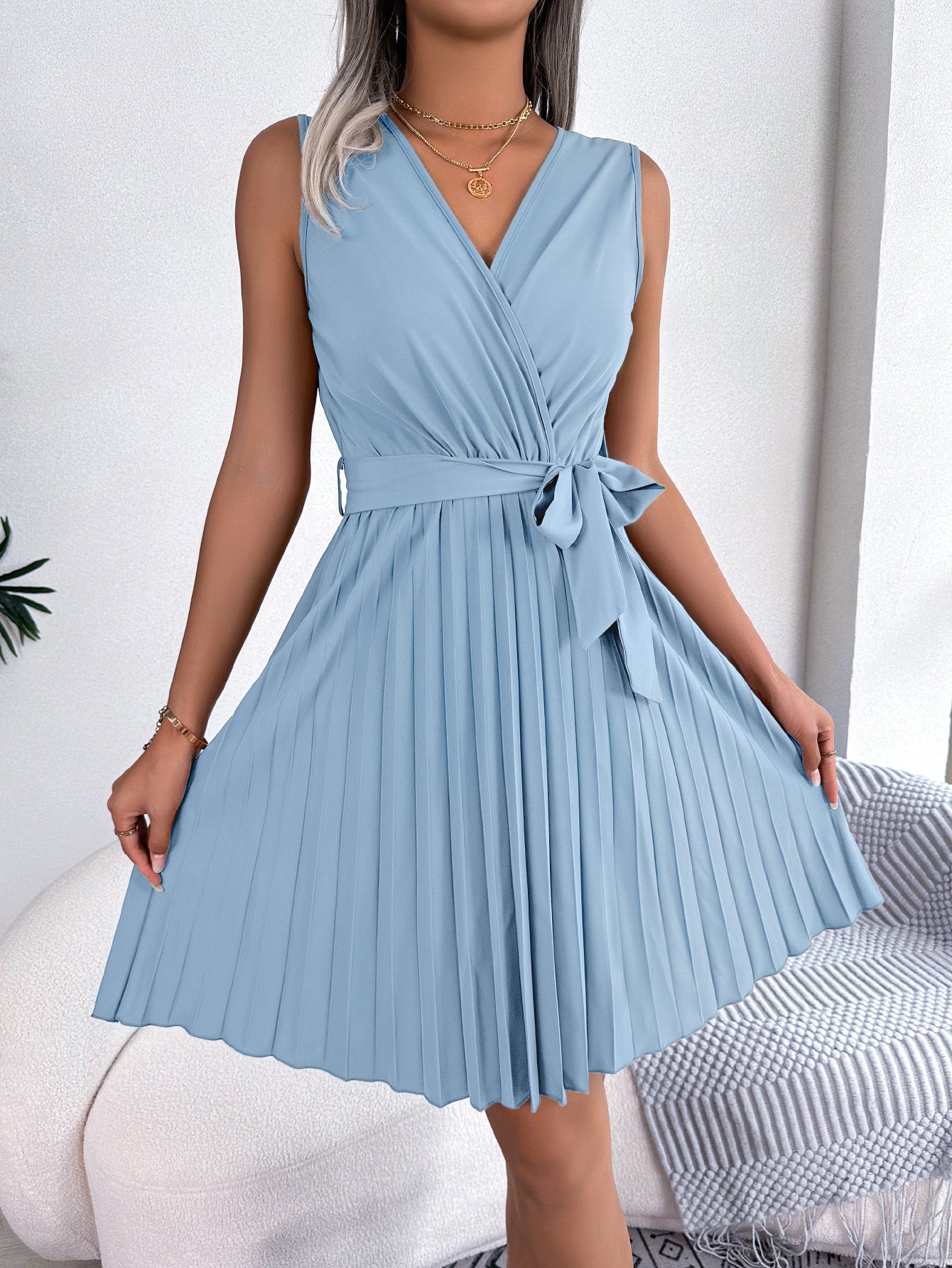 V-Neck Sleeveless Waist Gathered Pleated Dress - Horizon Bliss