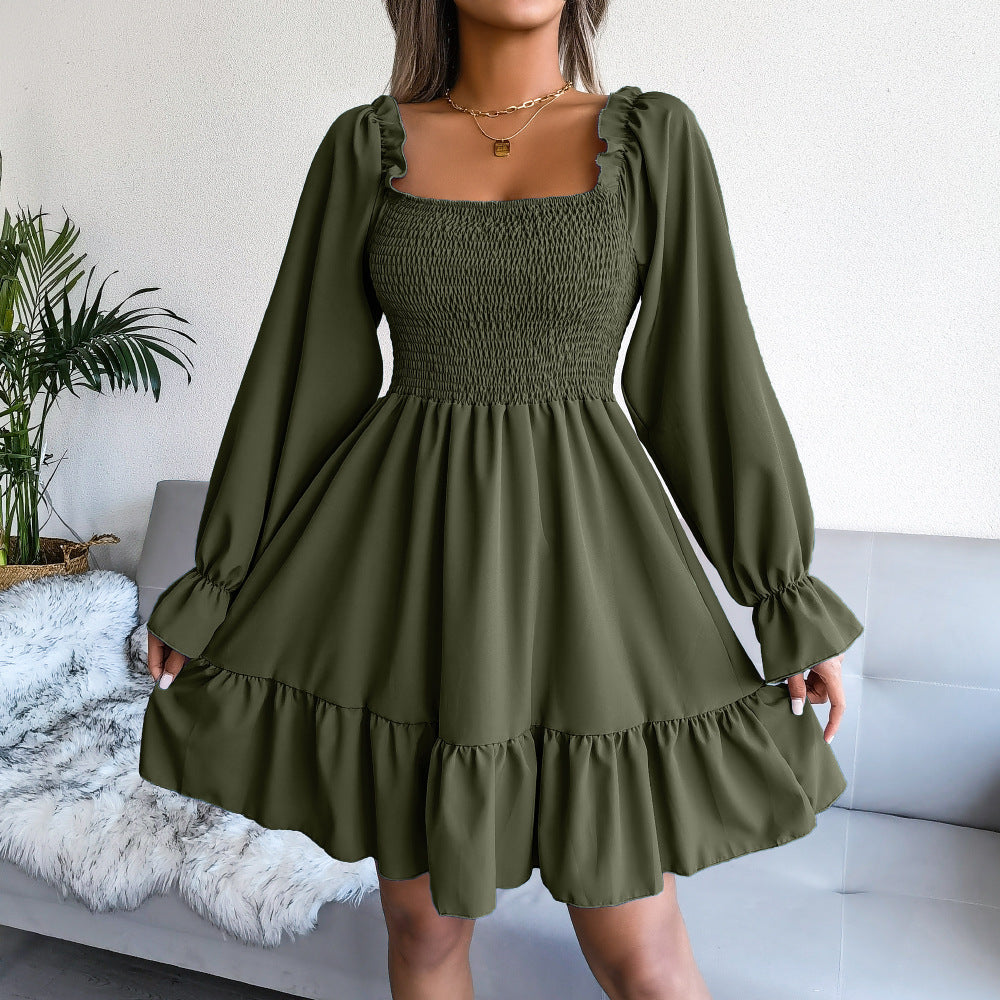 Square Collar Flared Long Sleeve Ruffled Swing Dress - Horizon Bliss