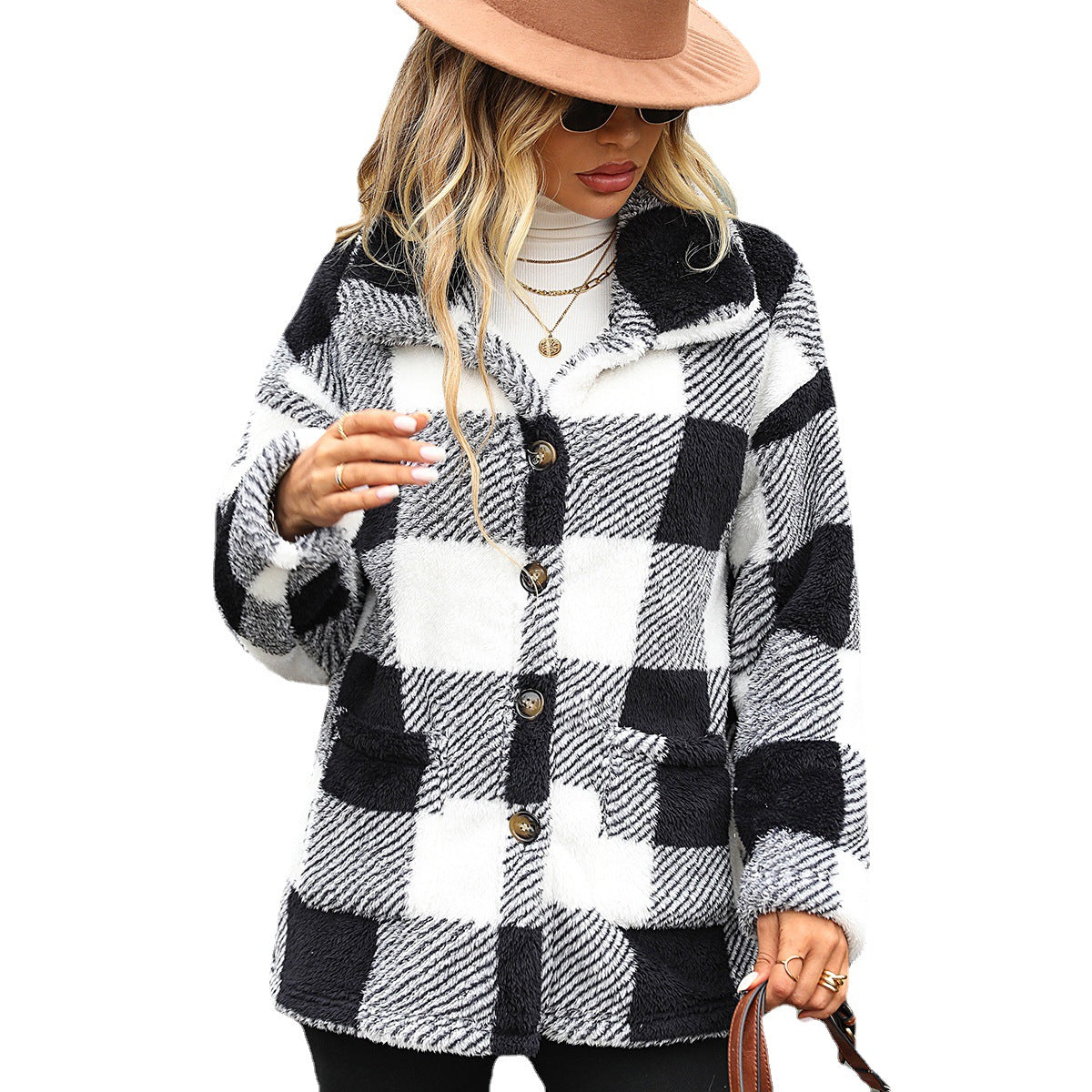 Long Sleeve Mid-Length Plaid Single-Breasted Double-Sided Fleece - Horizon Bliss