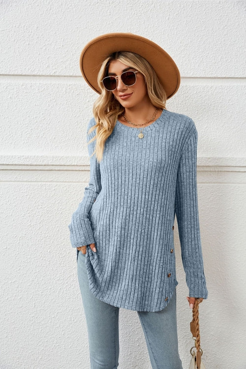 Loose-Fit Long Sleeve Button T-Shirt for Women with Round Neck - Horizon Bliss