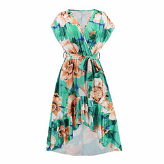 V-neck Bat Sleeve Print Fishtail Dress - Horizon Bliss