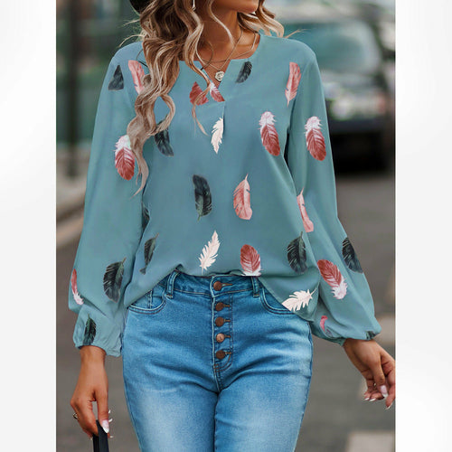 V-neck Feather Print Long-sleeved Loose T-shirt Women's Tops - Horizon Bliss