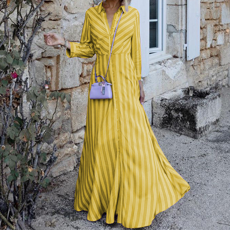 Long Sleeve Elegant Mid-Length Striped Dress. - Horizon Bliss