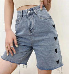 High-waist Embroidery Love Loose and Thin Wide-leg Jeans Shorts Women - Horizon Bliss