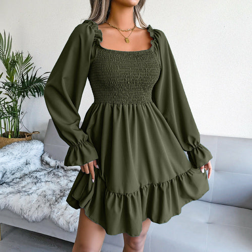 Square Collar Flared Long Sleeve Ruffled Swing Dress - Horizon Bliss