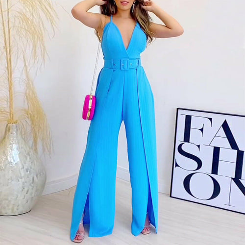 V-neck High-waisted Jumpsuit with Split Wide Leg Pants with Belt - Horizon Bliss