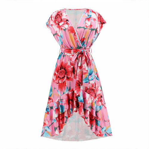 V-neck Bat Sleeve Print Fishtail Dress - Horizon Bliss