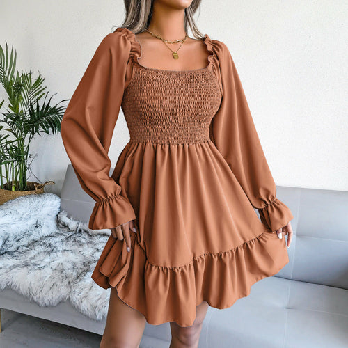 Square Collar Flared Long Sleeve Ruffled Swing Dress - Horizon Bliss