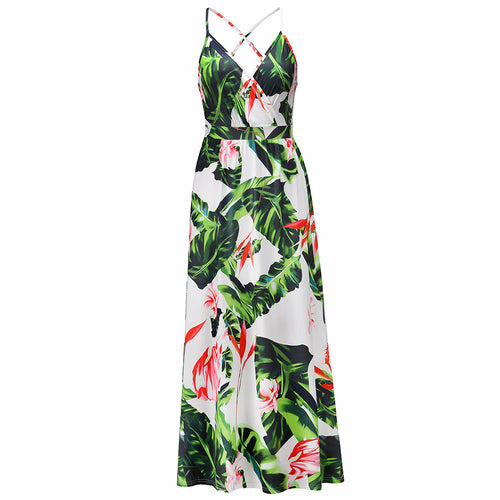 Bohemian Floral Print Maxi Dress Spaghetti Strap Dress  - Horizon Bliss