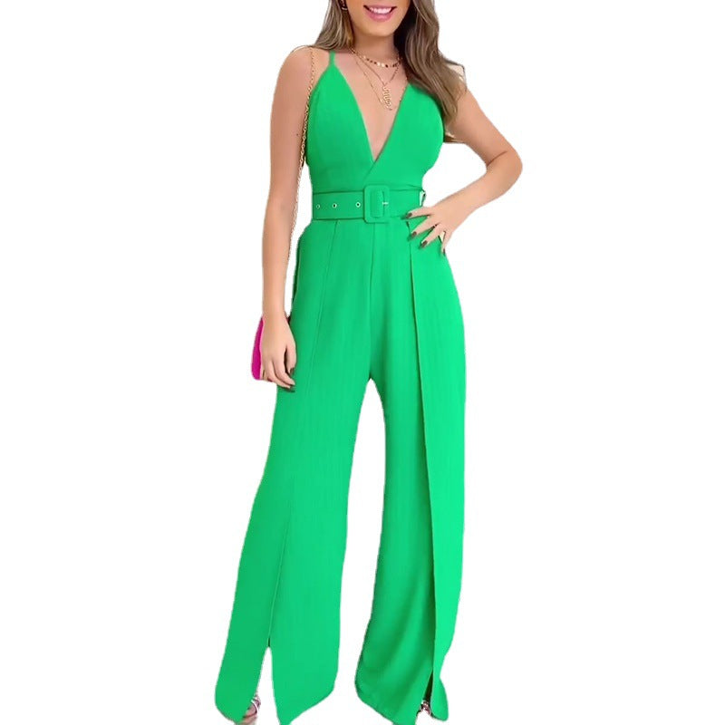 V-neck High-waisted Jumpsuit with Split Wide Leg Pants with Belt - Horizon Bliss