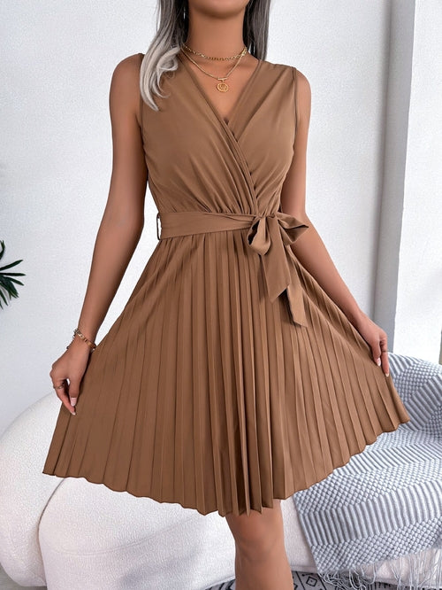 V-Neck Sleeveless Waist Gathered Pleated Dress - Horizon Bliss