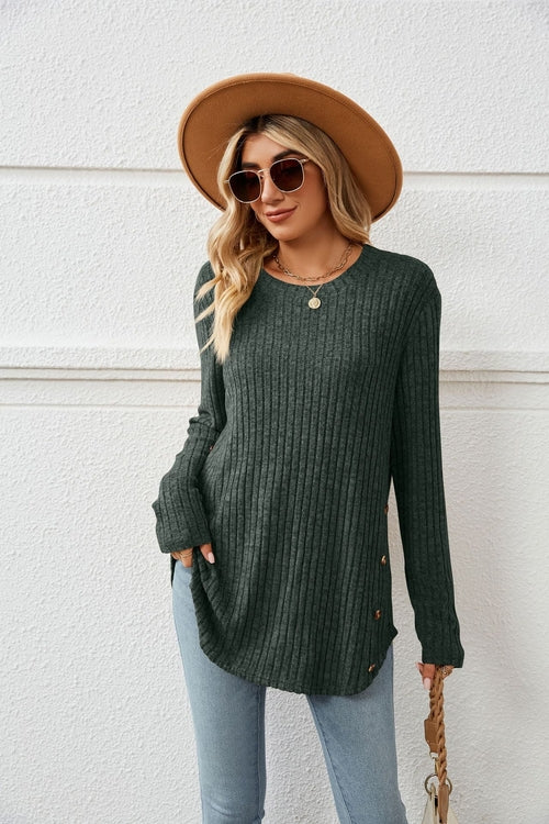 Loose-Fit Long Sleeve Button T-Shirt for Women with Round Neck - Horizon Bliss