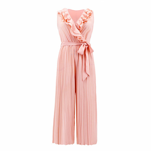 V-neck Ruffle Pleated Jumpsuit - Horizon Bliss