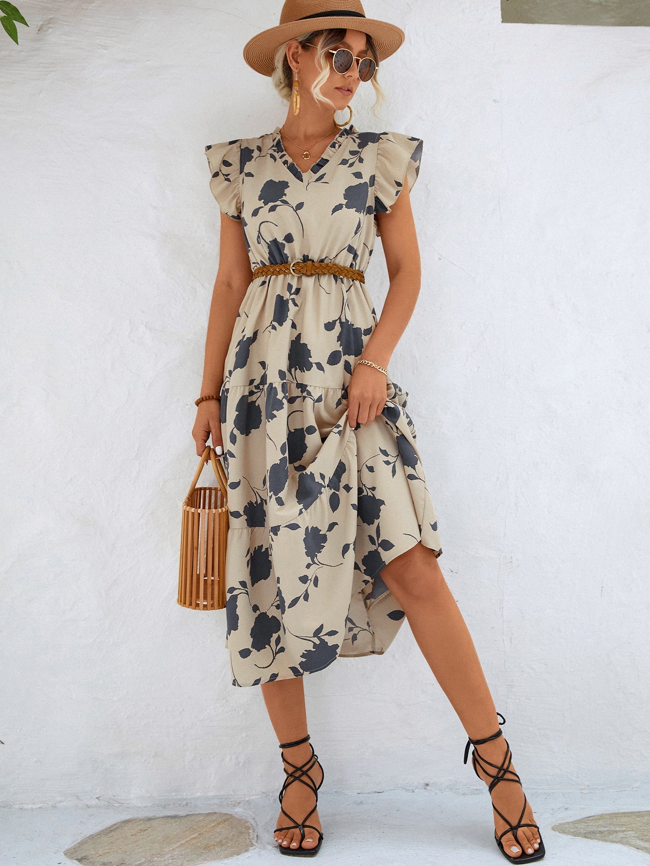 Floral Print Flounce Sleeve Dress - Horizon Bliss