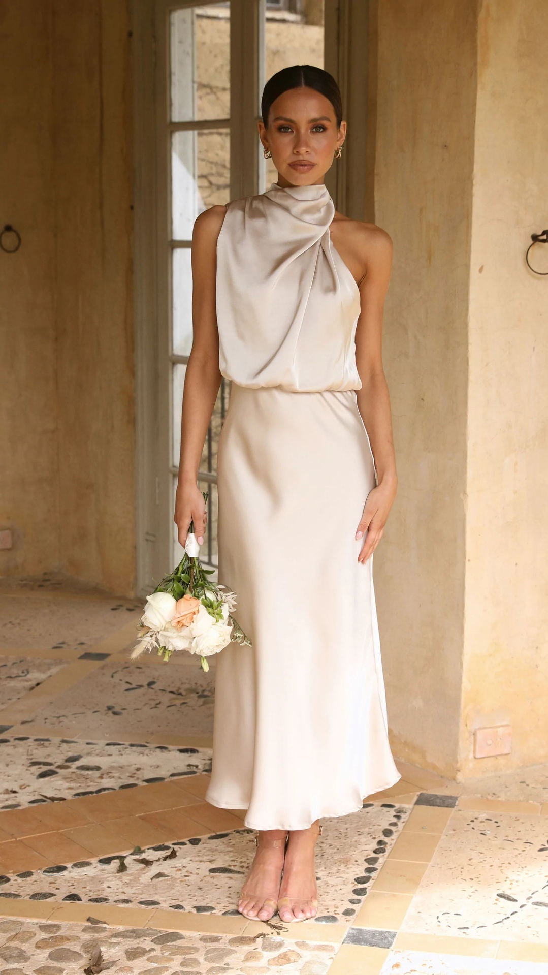 Sleeveless Satin Halterneck Solid Color Women's Dress - Horizon Bliss